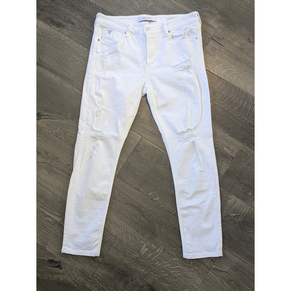 Guess High Rise Skinny Ankle Jeans White Sz 34 Distressed